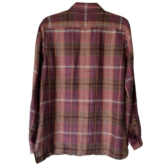 FACONNABLE | PURE LINEN TUNIC SHIRT PLAID LONG SLEEVE BUTTON FRONT PLUM | LARGE - Picture 8 of 9